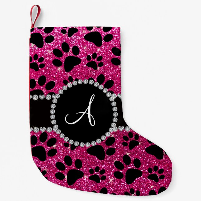 Monogram neon hot pink glitter dog paws small christmas stocking (Front)