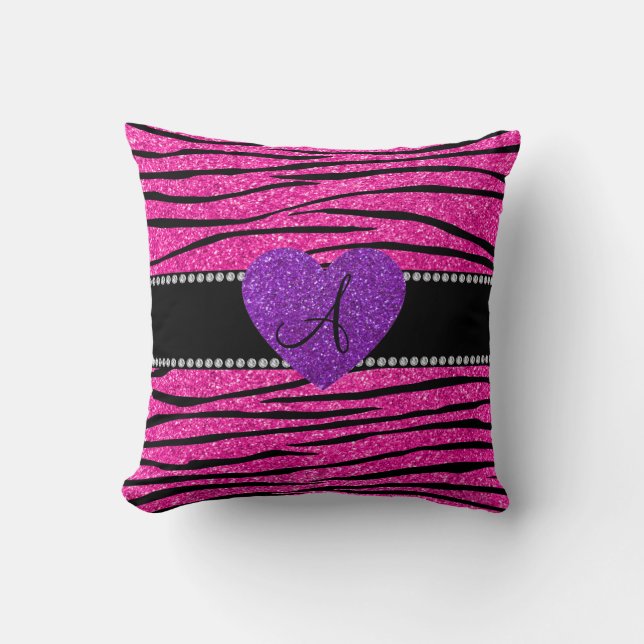 Monogram neon hot pink glitter zebra stripes pink throw pillow (Front)