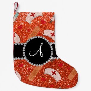 Monogram neon orange glitter nurse hats heart small christmas stocking
