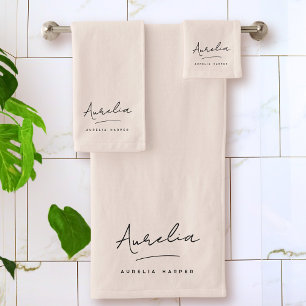 Monogram Neutral Modern Minimal Stylish Blush Pink Bath Towel Set