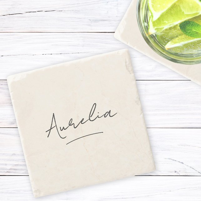 Monogram Neutral Modern Minimalist Script Ivory Stone Coaster (Creator Uploaded)