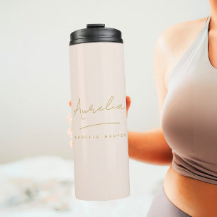 Monogram Neutral Modern Signature Blush Pink Gold Thermal Tumbler