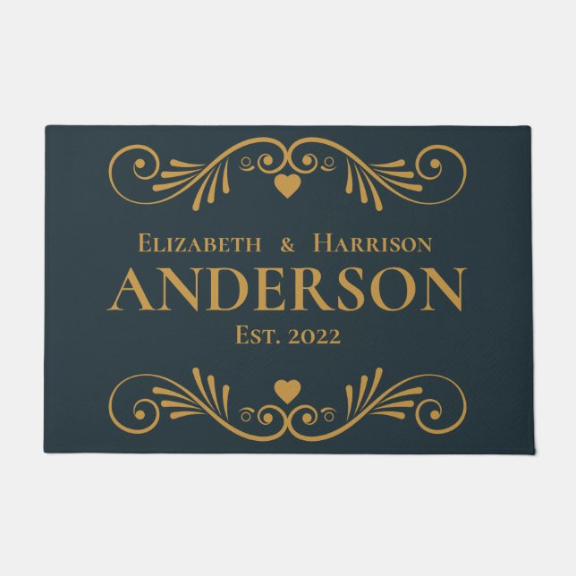 Monogram Newlywed Personalize Name Blue Gold Doormat (Front)