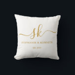 Monogram Newlyweds Gold Script Wedding Gift Throw Pillow<br><div class="desc">Personalize this simple and beautiful pillow with the bride and groom monogram, name and wedding date for a one of a kind gift for the newly weds. They will be simply delighted with this unique keep sake that will remind them of their special day. Perfect gift for anniversaries and any...</div>