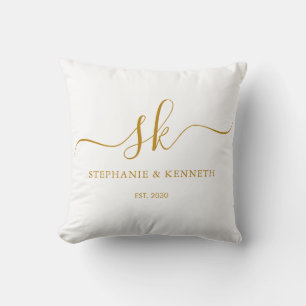 Monogram Newlyweds Gold Script Wedding Gift Throw Pillow