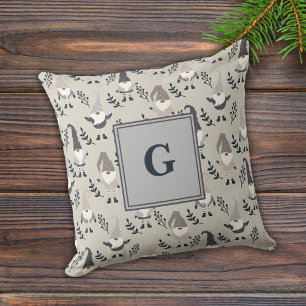 Monogram Nordic Christmas Gnomes and Greenery Grey Throw Pillow