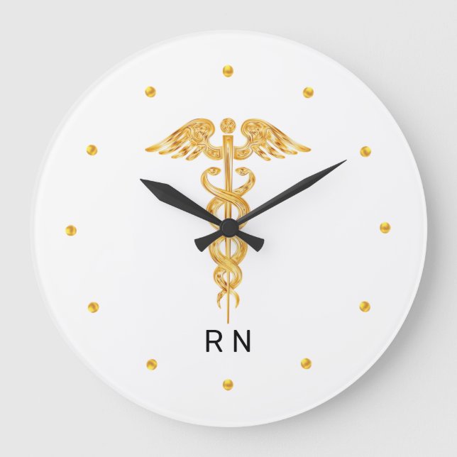 Monogram Nurse Golden Caduceus on White Large Clock (Front)