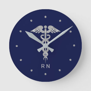 Monogram Nurse Silver Grey Caduceus on Navy Blue Round Clock