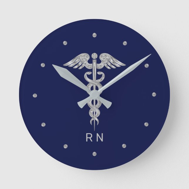 Monogram Nurse Silver Grey Caduceus on Navy Blue Round Clock (Front)