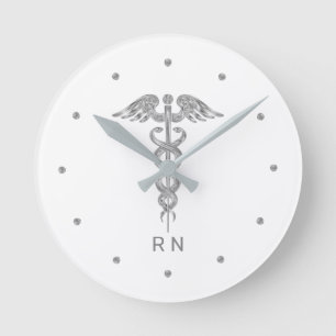 Monogram Nurse Silver Grey Caduceus on White Round Clock
