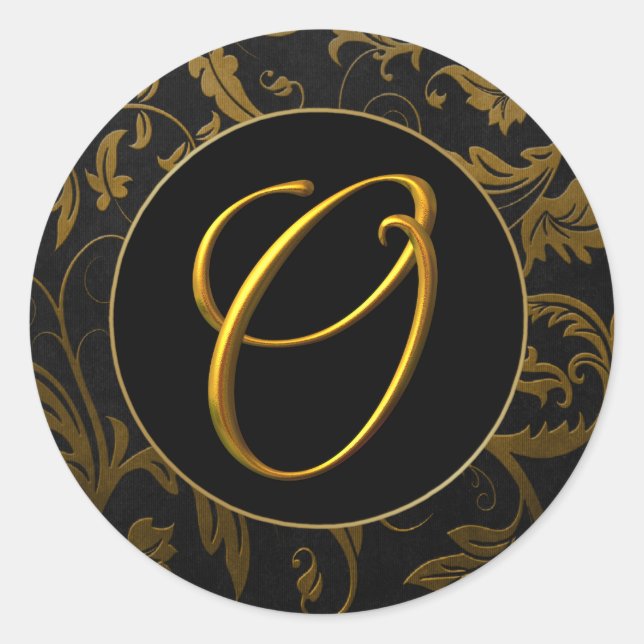 Monogram O Gold and Black Damask Wedding Seal (Front)
