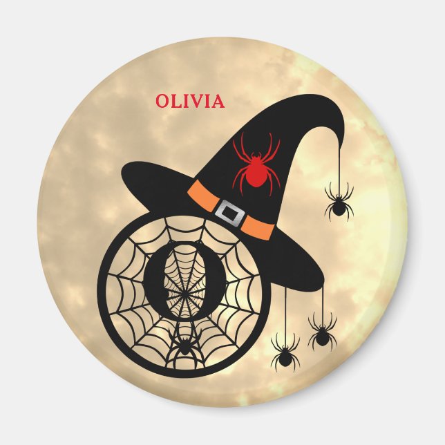 Monogram O Halloween Sky Witch Spiders Name Magnet (Front)