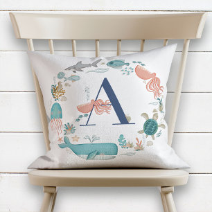 Monogram Ocean Animals Alphabet Letter A Throw Pillow