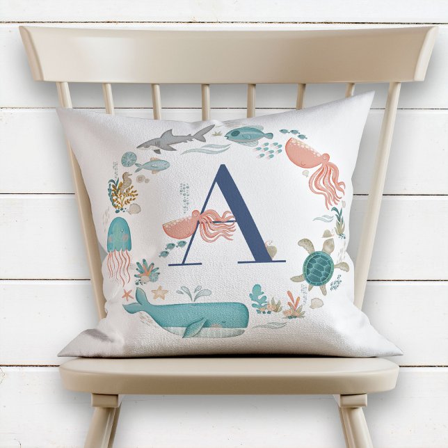 Monogram Ocean Animals Alphabet Letter A Throw Pillow (Creator Uploaded)