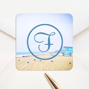 Monogram ocean beach coastal photography modern square sticker