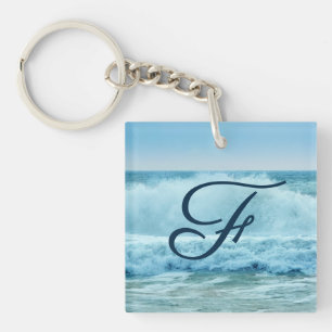 Monogram Ocean Wave Crashing on Shore Keychain