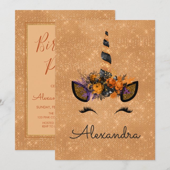Monogram October Sparkle Unicorn Birthday Invitation (Front/Back)