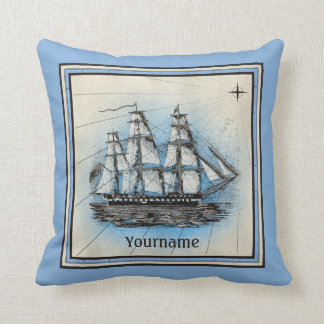 Monogram Old Ship Vintage Blue Nautical Compass Throw Pillow