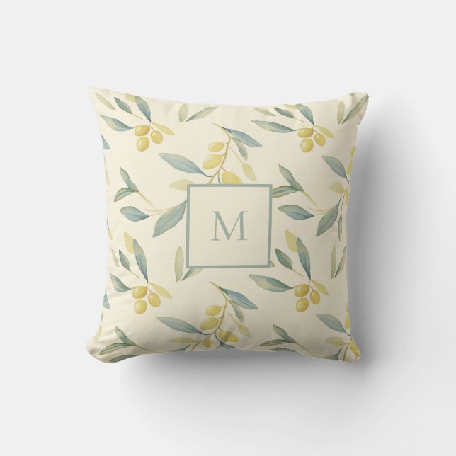 Monogram Olive Branch Mediterranean Throw Pillow (Front)