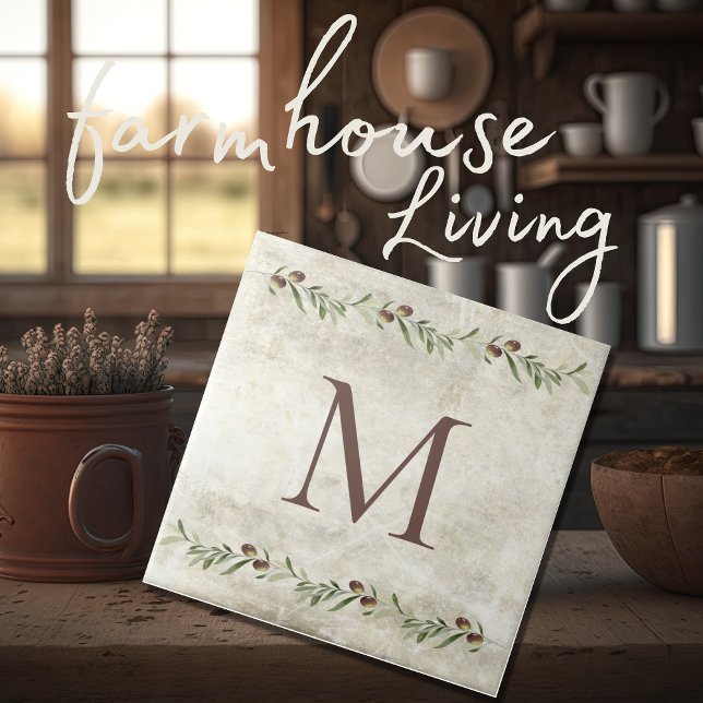 Monogram Olive Garland Rustic Personalized Brown Tile (Creator Uploaded)