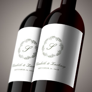 Monogram Olive Green Foliage Wreath Wine Label