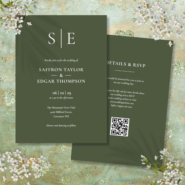 Monogram Olive Green QR Code Wedding Invitation (Monogram Olive Green QR Code Wedding Invitation)