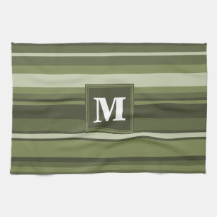 Monogram olive green stripes kitchen towel