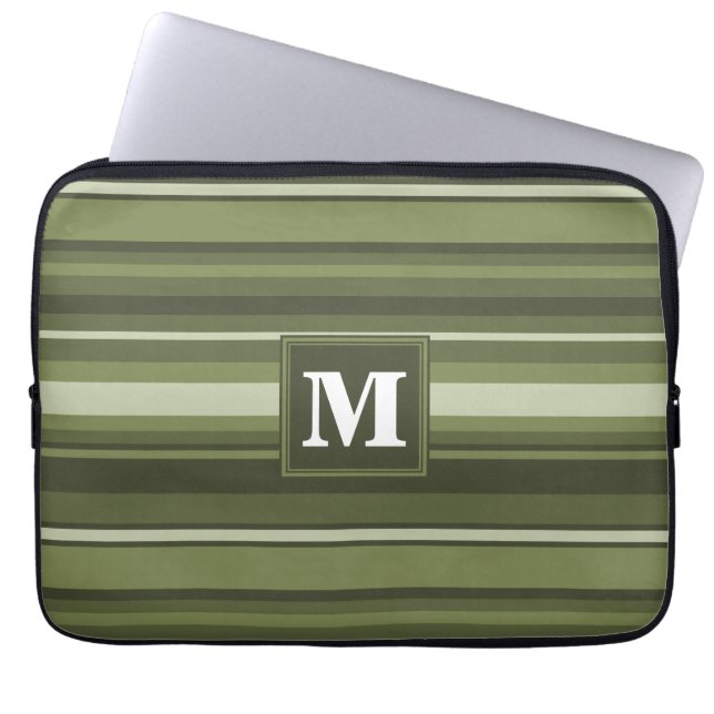 Monogram olive green stripes laptop sleeve (Front)