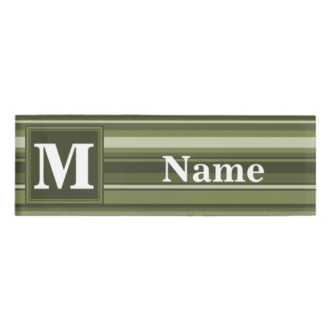 Monogram olive green stripes name tag (Front)