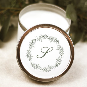 Monogram Olive Green Wreath Classic Script Wedding Round Sticker