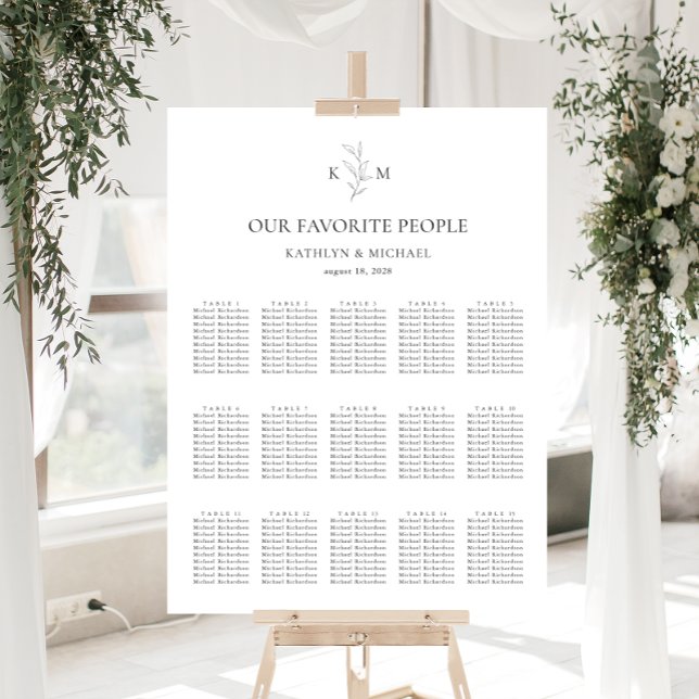Monogram Olive Leaf Wedding 15 Table Seating Chart (Creator Uploaded)