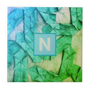 Monogram ombre cyan teal green nautical abstract tile