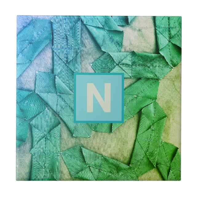 Monogram ombre cyan teal green nautical abstract  tile (Front)