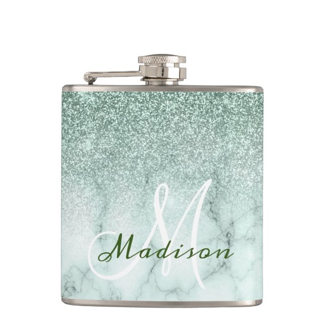 Monogram Ombre Mint Green Marble Glitter Hip Flask (Front)