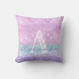 Monogram Ombre Name Lavender Blu Pastel Watercolor Throw Pillow