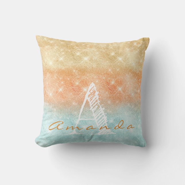 Monogram Ombre Name Tiffany Aqua Peach Gold Blue Throw Pillow (Front)