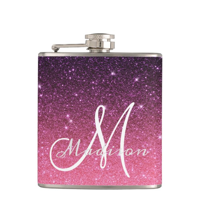 Monogram Ombre Pink Purple Glitter Gift Hip Flask (Front)