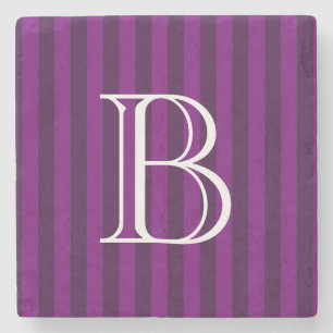 Monogram on a Purple Striped Pattern Stone Coaster
