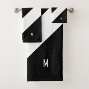 Monogram on Abstract Black & White Striped Bath Towel Set