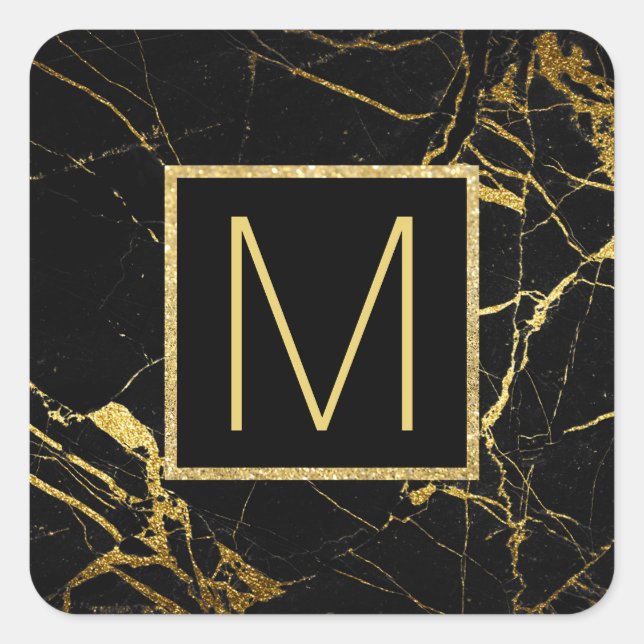 monogram on black and gold marble square sticker (Front)