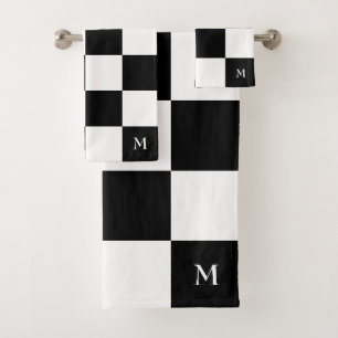 Monogram on Black and White Chequered Pattern Bath Towel Set
