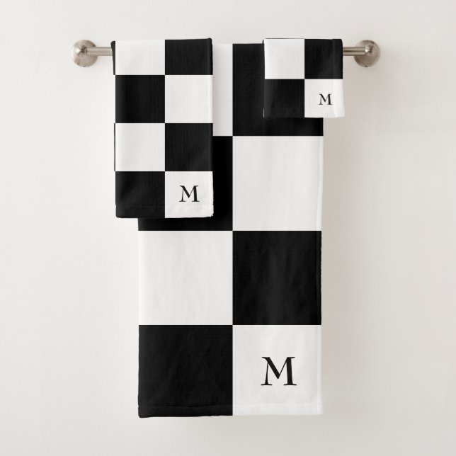 Monogram on Black and White Chequered Pattern Bath Towel Set (Insitu)