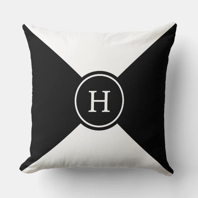 Monogram on Black and White Geometric Shape Throw Pillow (Front)