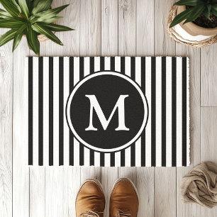 Monogram On Black And White Stripes Doormat