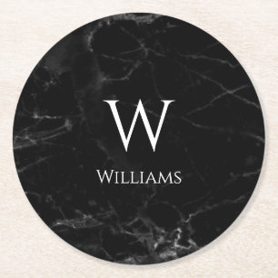 Monogram on Black Marble Elegant Modern White Name Round Paper Coaster