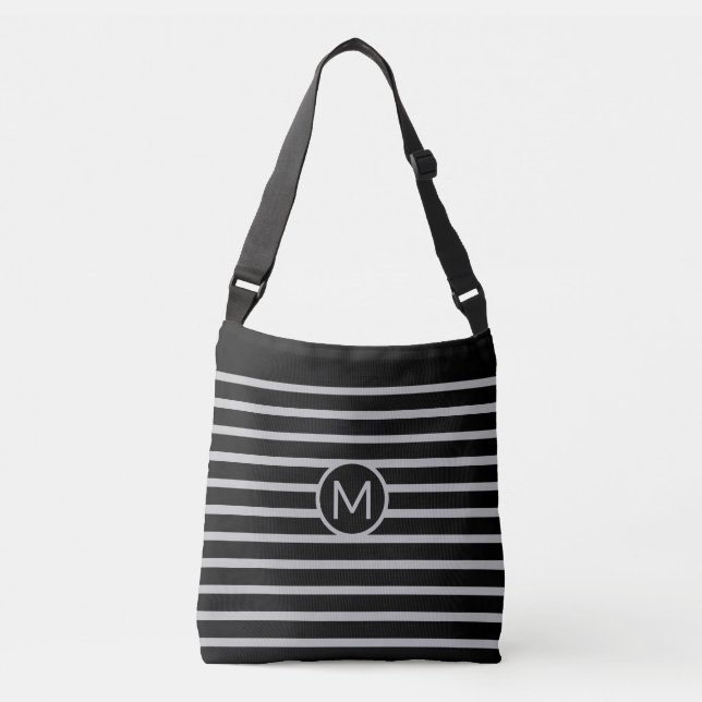 Monogram on Black & Silver Grey Striped Crossbody Bag (Front)