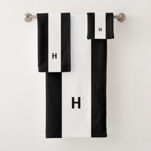 Monogram on Black & White striped Bath Towel Set