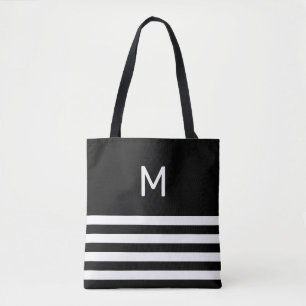Monogram on Black & White Striped Tote Bag
