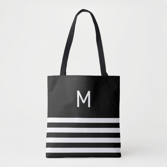 Monogram on Black & White Striped Tote Bag (Front)