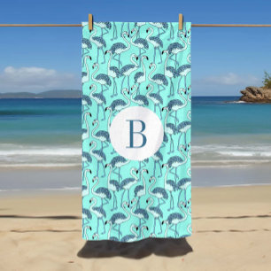 Monogram On Blue Flamingos Tropical Animal Pattern Beach Towel
